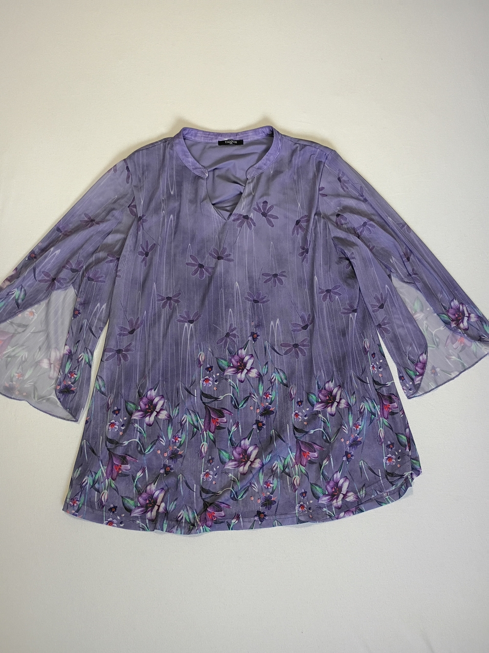 Purple Floral V-Neck Bell Sleeve Women's Top